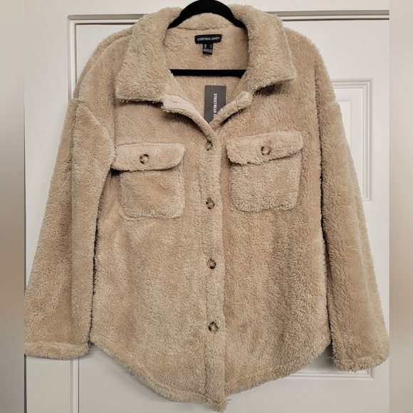 Streetwear Society Brown Plush Oversized Soft Teddy Jacket with Pockets & Button - Picture 3 of 8